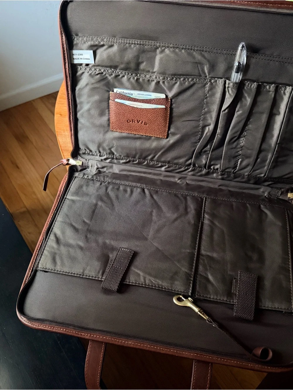 Orvis Rich Chestnut Brown Leather Briefcase with Stitched Oval Logo